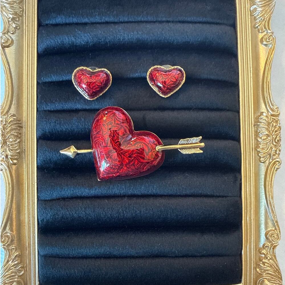 Vintage Avon “Hearts Afire” Red Guilloché Enamel Heart Brooch + Earrings